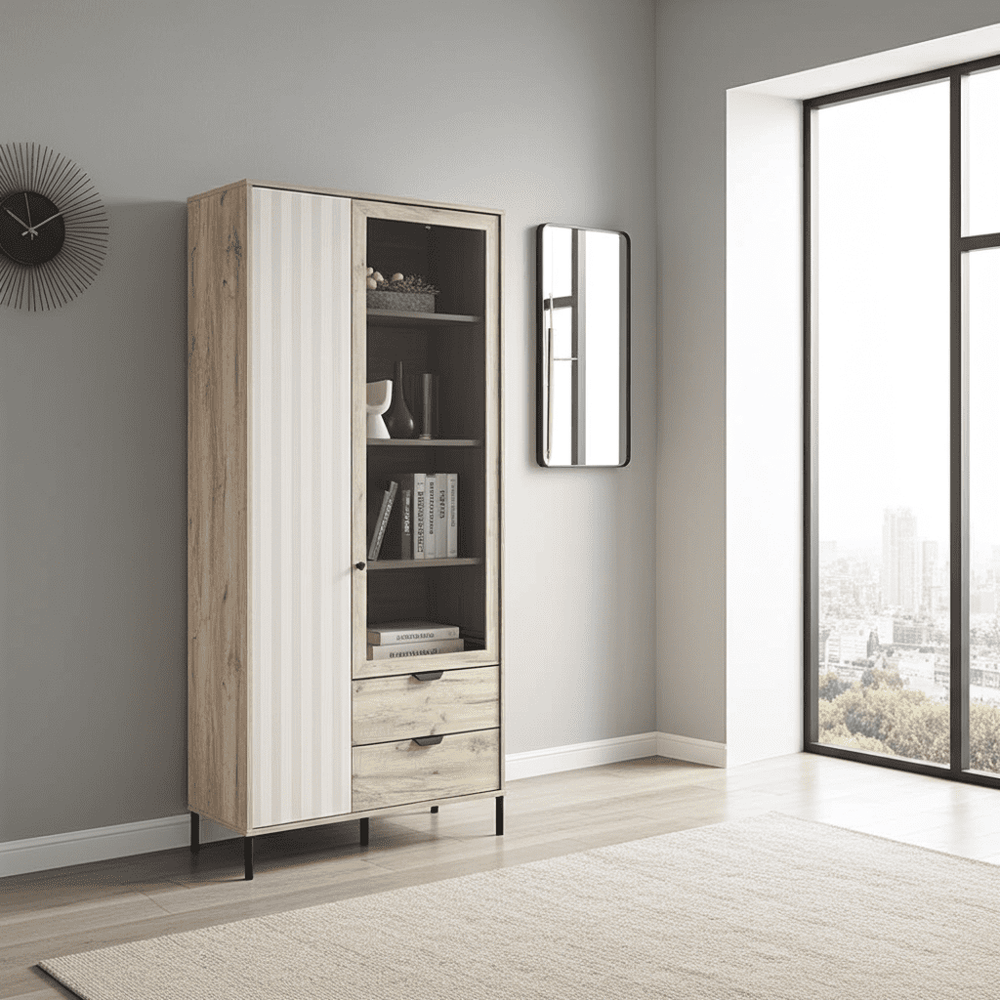 Tall wooden cabinet with glass doors in a modern room with large windows.