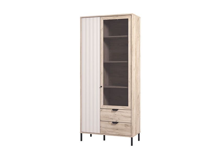 Wooden cabinet with glass door and drawers on a white background