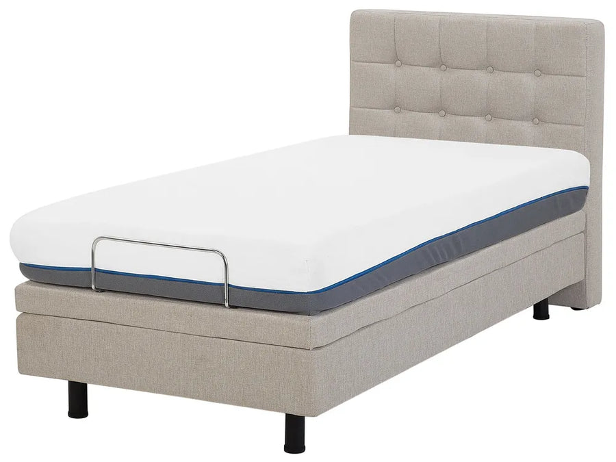 Beige bed frame with white mattress and blue border on a white background