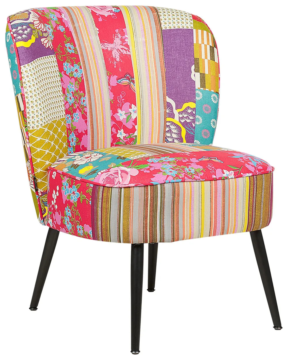 Colorful patchwork chair with floral and striped patterns on a white background