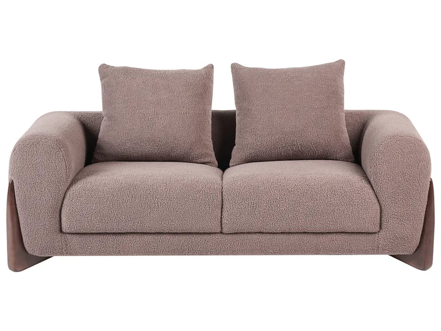 Brown bouclé 2 seater sofa with curved backrest in modern living room