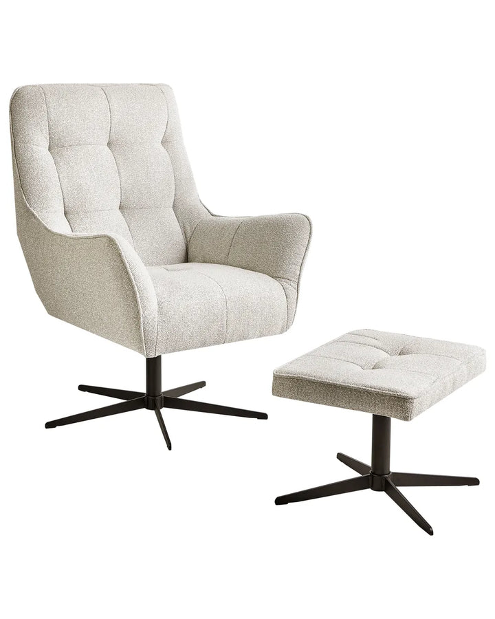 Beige armchair with ottoman on a white background