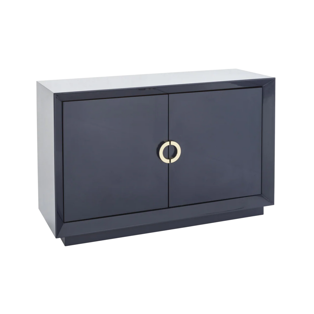 Modern cabinet with two doors and a gold handle on a white background