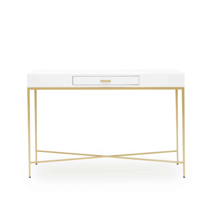 White console table with gold legs on a white background