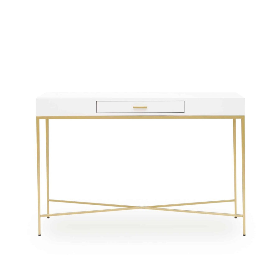 White console table with gold legs on a white background