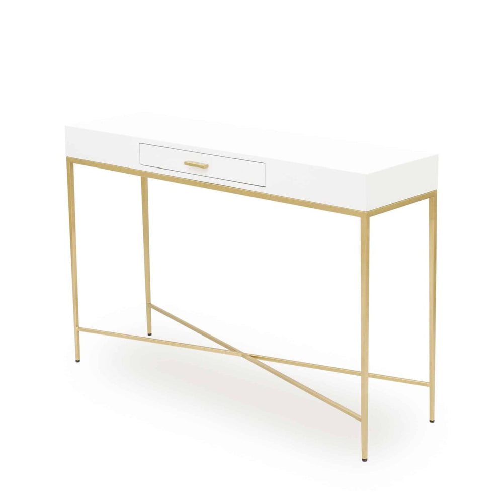 White console table with gold legs on a white background