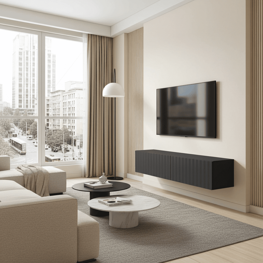 Modern living room with a black TV stand, television, and decorative items.