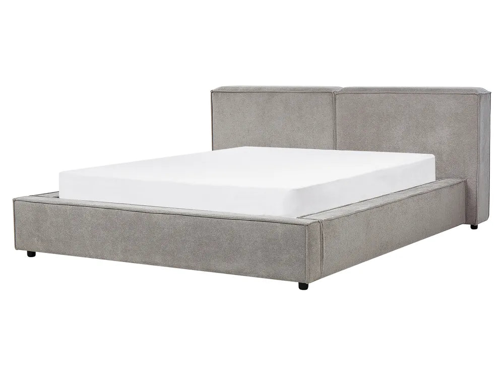 Gray upholstered bed with white mattress on a white background