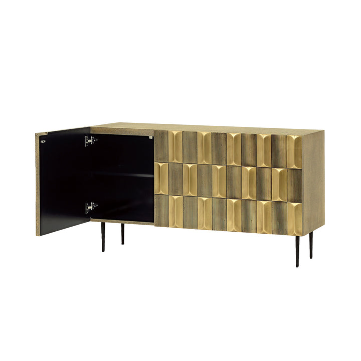 Modern sideboard with gold and black design on a white background