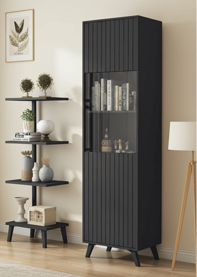 Black cabinet in a living room with a window and decorative items.