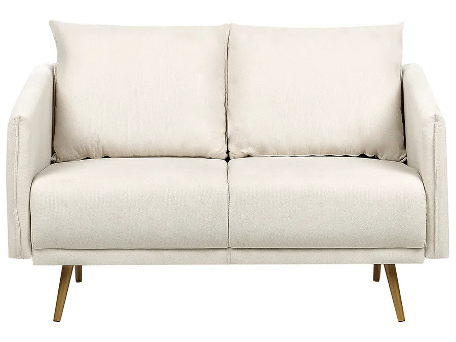 Beige sofa with wooden legs on a white background