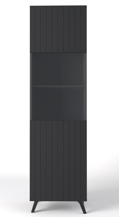 Tall black cabinet with a textured design on a white background