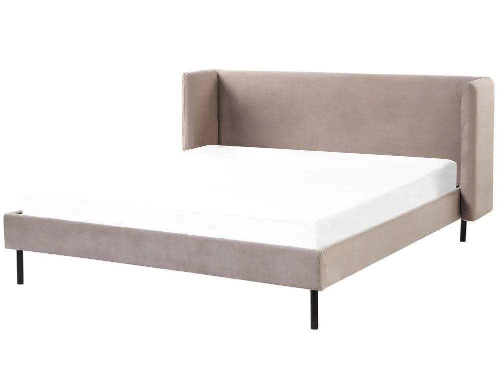 Beige bed frame with white mattress on a white background