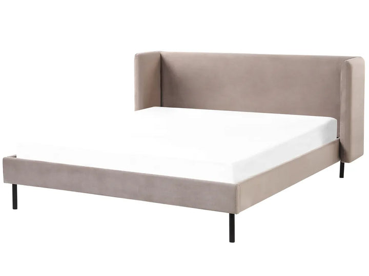 Beige bed frame with white mattress on a white background