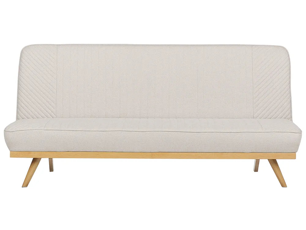 Beige sofa with wooden legs on a white background