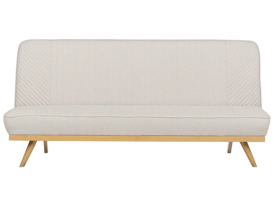 Beige sofa with wooden legs on a white background