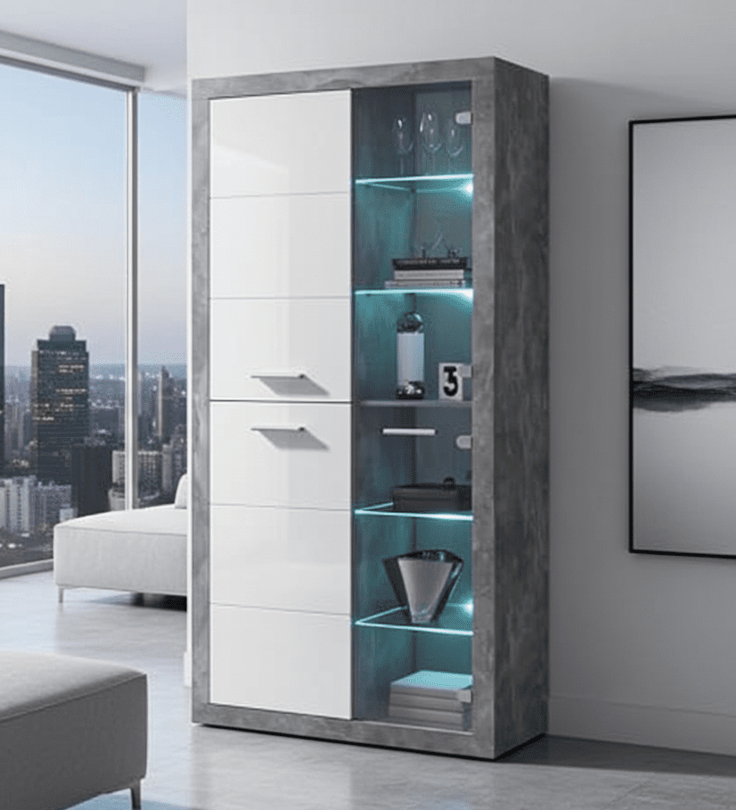 Tall white cabinet with grey concrete finish 