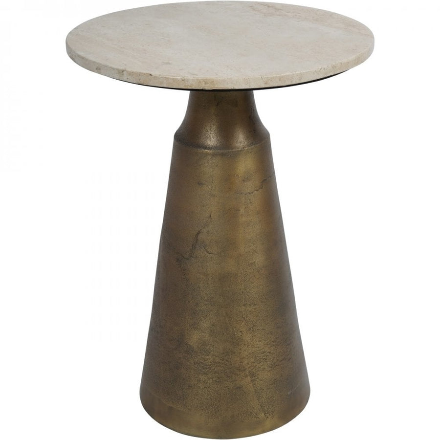 Round side table with marble top and bronze base on a white background