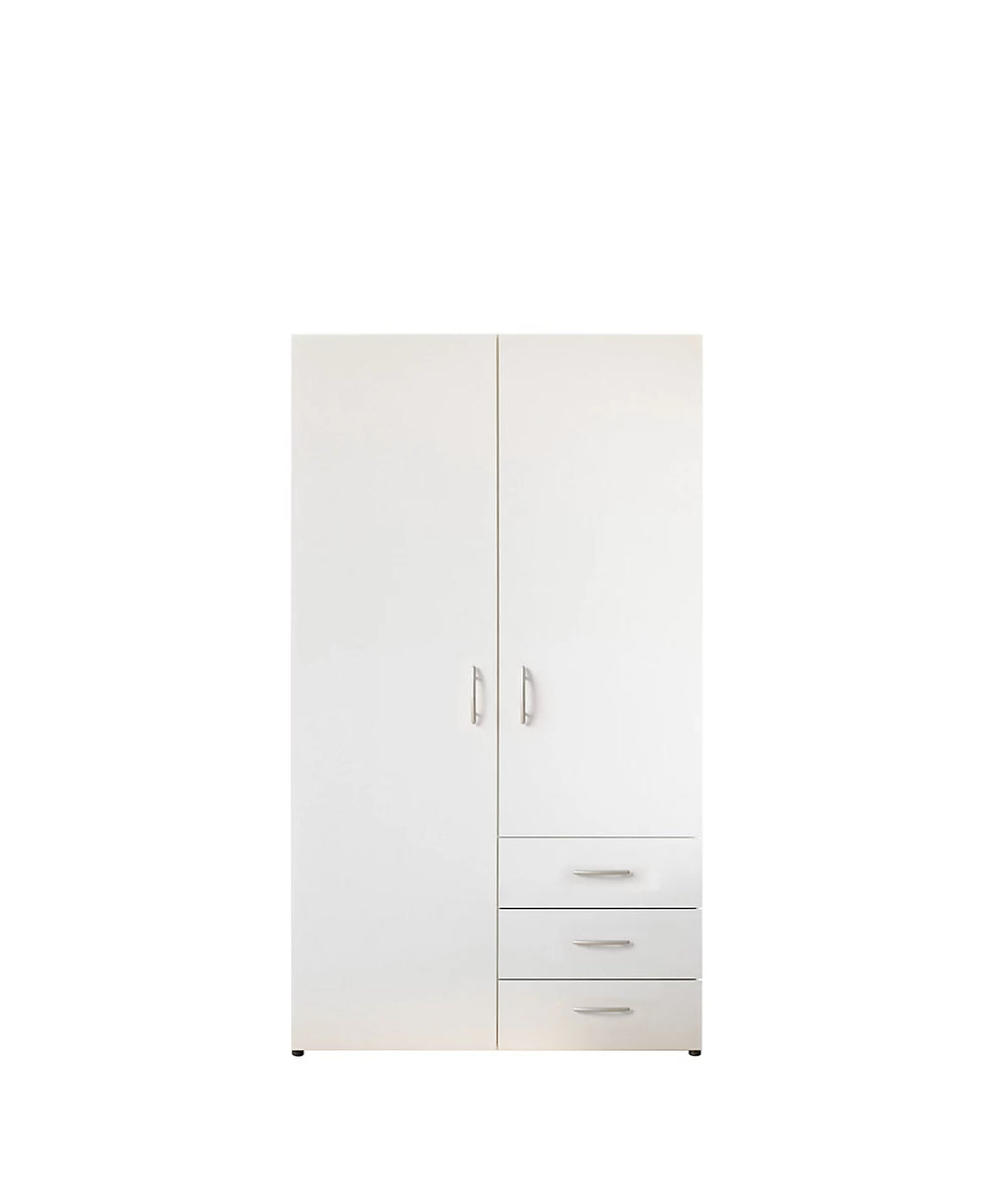 White wardrobe with two doors and three drawers on a white background