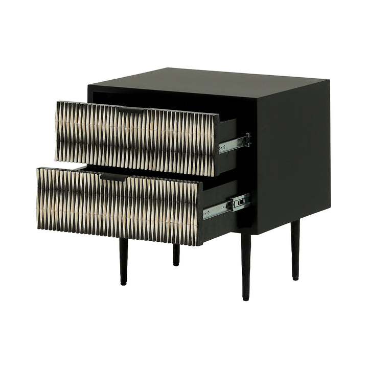 Black nightstand with two drawers on a white background