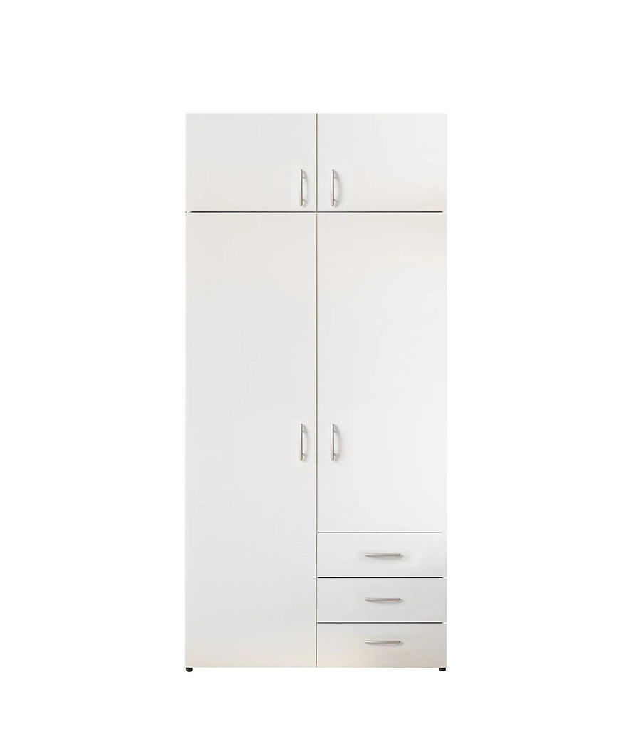 White wardrobe with multiple doors and drawers on a white background