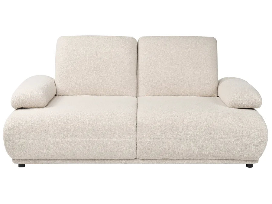 Beige sofa with unique arm design on a white background