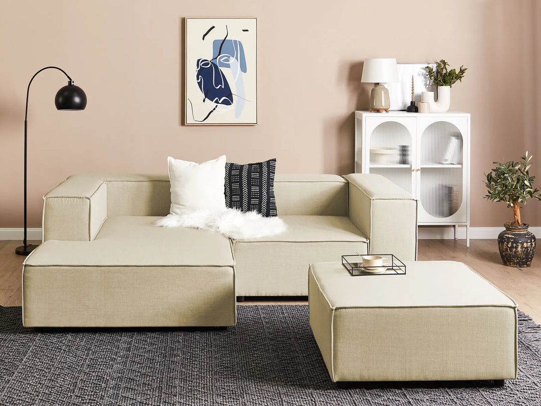 Right hand beige linen corner sofa with ottoman modern design