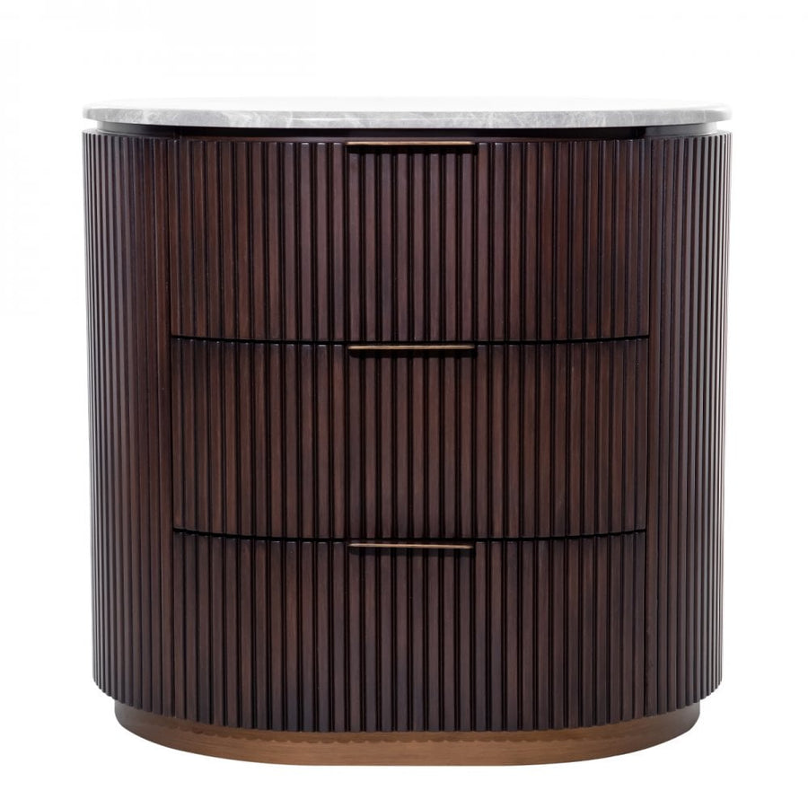 Wooden side table with a ribbed design on a white background