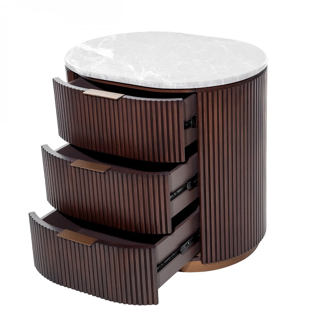 Round wooden side table with marble top on a white background