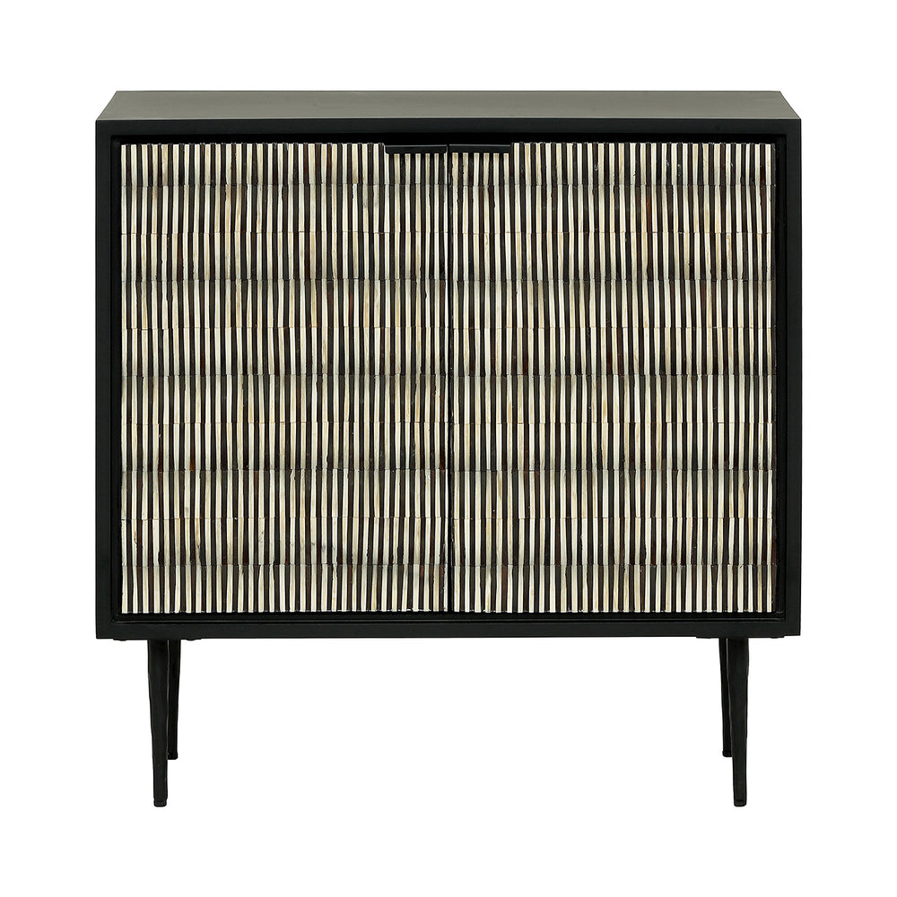 Black cabinet with striped design on a white background