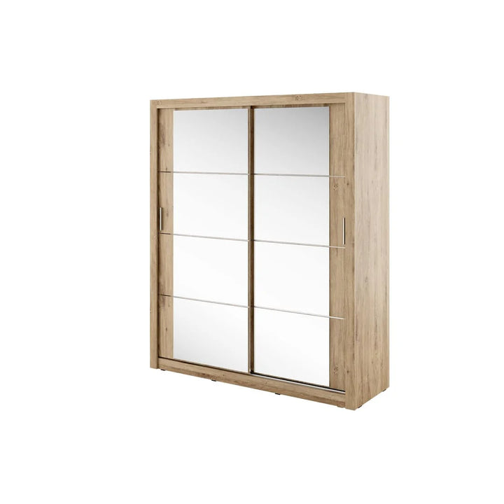 Wooden wardrobe with shelves and hanging rods on a white background