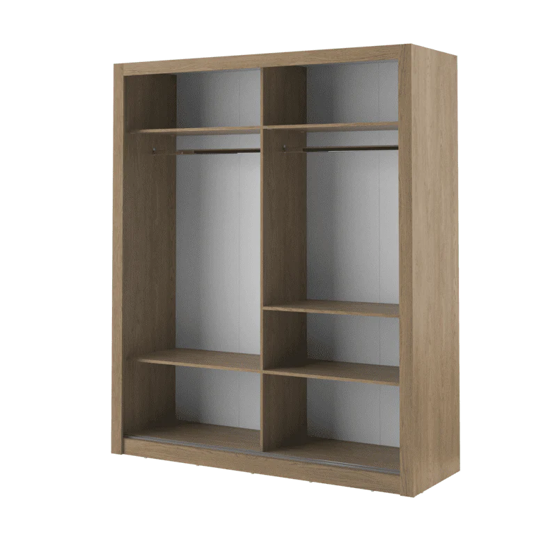 Wooden wardrobe with shelves and hanging rods on a white background