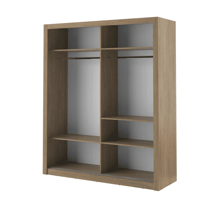 Wooden wardrobe with shelves and hanging rods on a white background