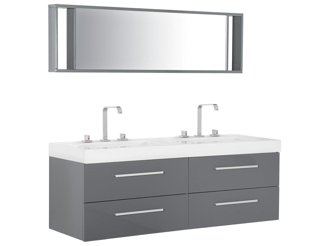 Bathroom vanity with white countertop, gray drawers, and mirror on a white background