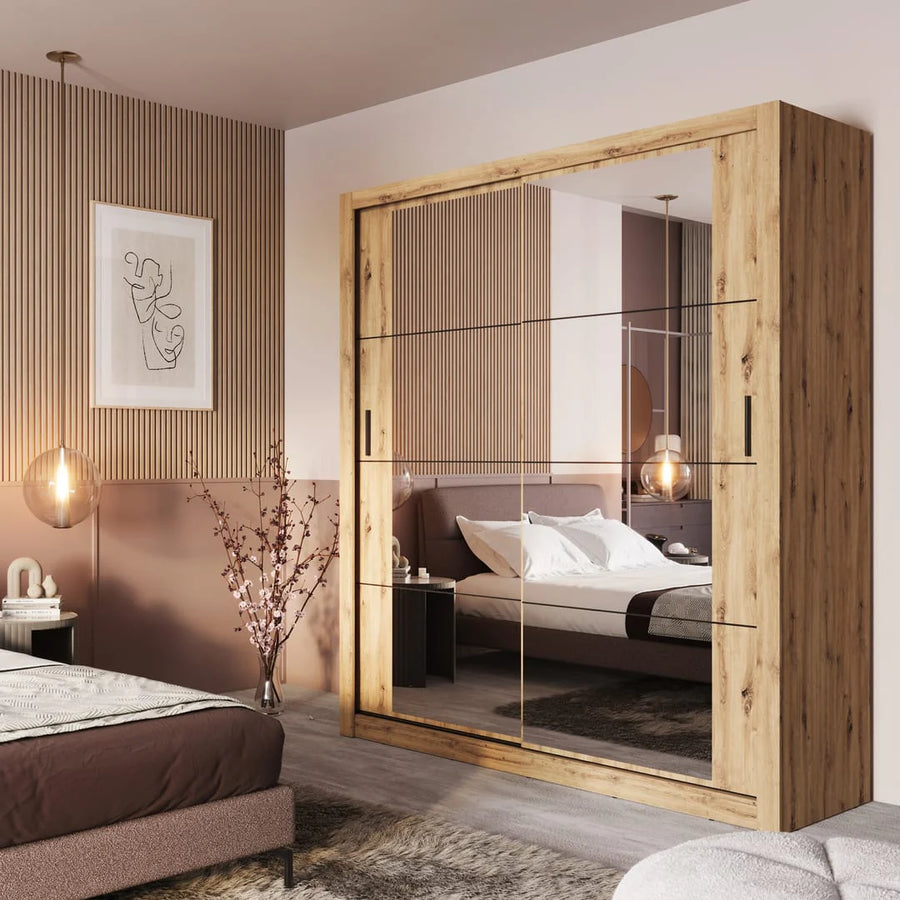 Wooden wardrobe with glass panels in a bedroom setting