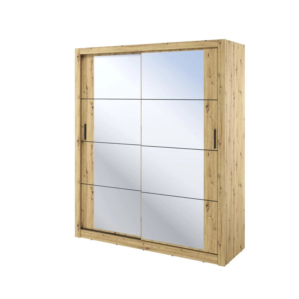 Wooden wardrobe with mirror panels on a white background