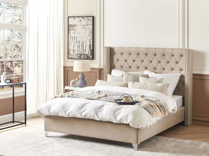 Upholstered velvet bed with button tufted design