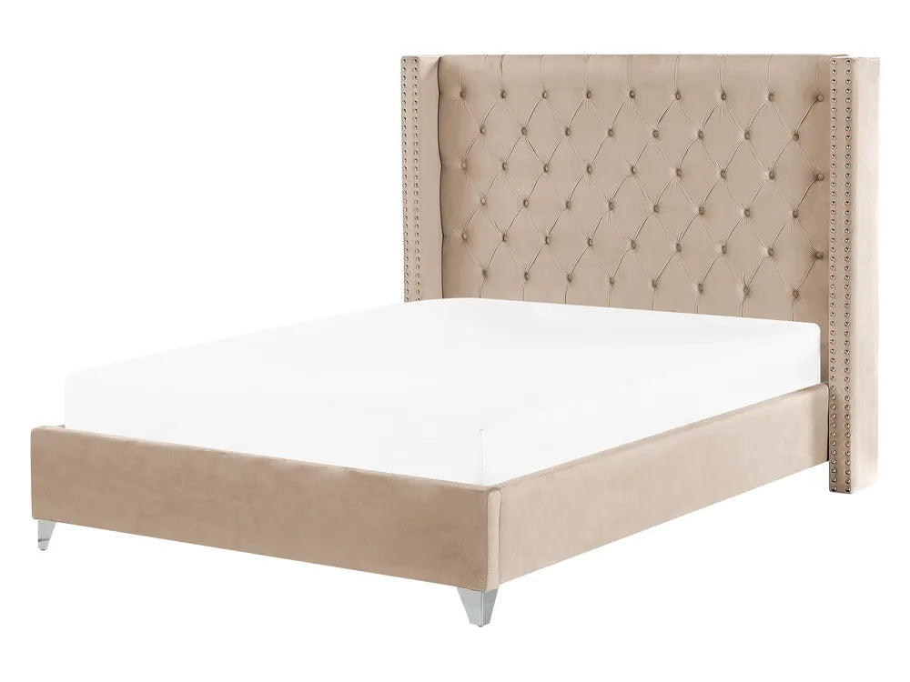 Beige velvet EU king size bed with tufted headboard