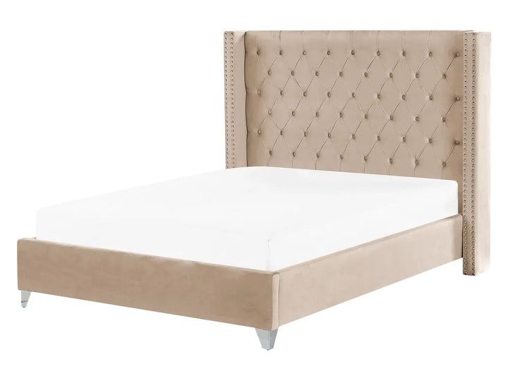 Beige velvet EU king size bed with tufted headboard