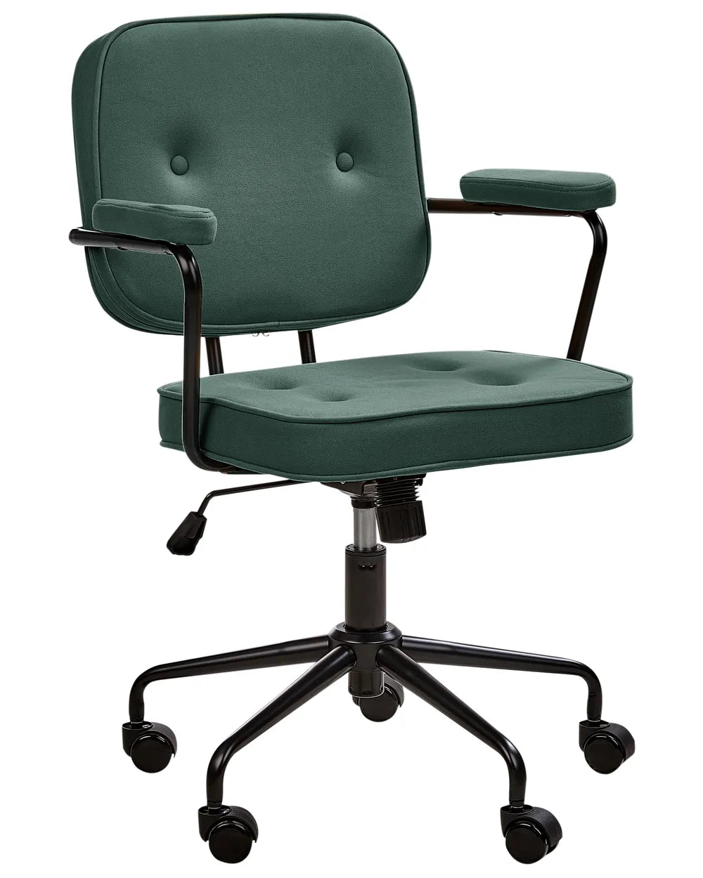 Green office chair with black base on a white background