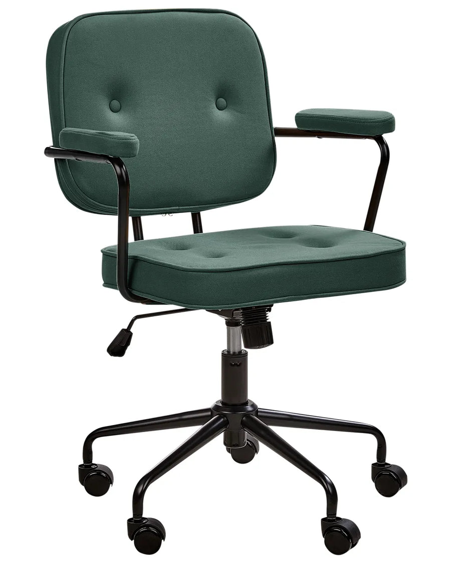 Green office chair with black base on a white background