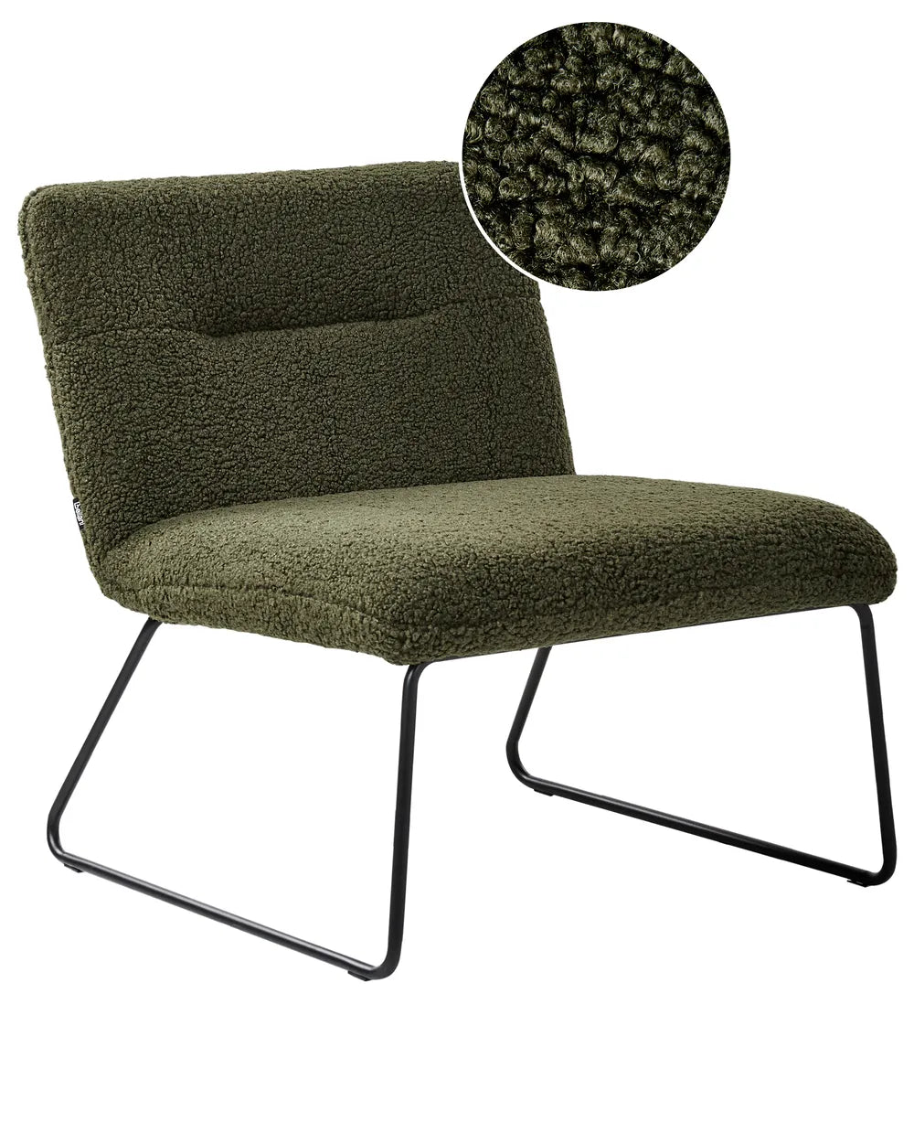 Green armchair with textured surface and black metal legs on a white background