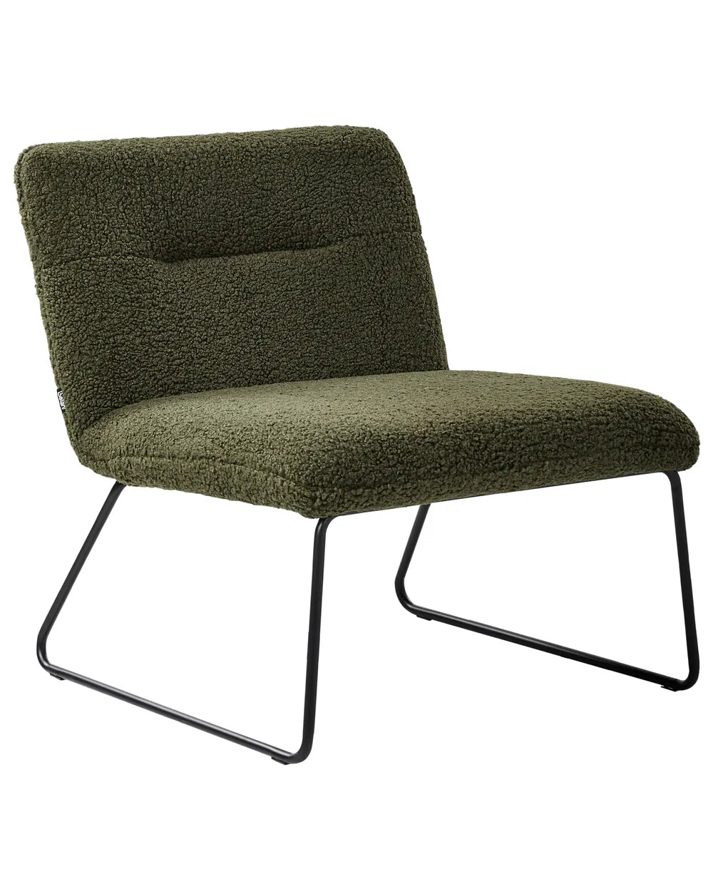 Green upholstered chair with black metal legs on a white background