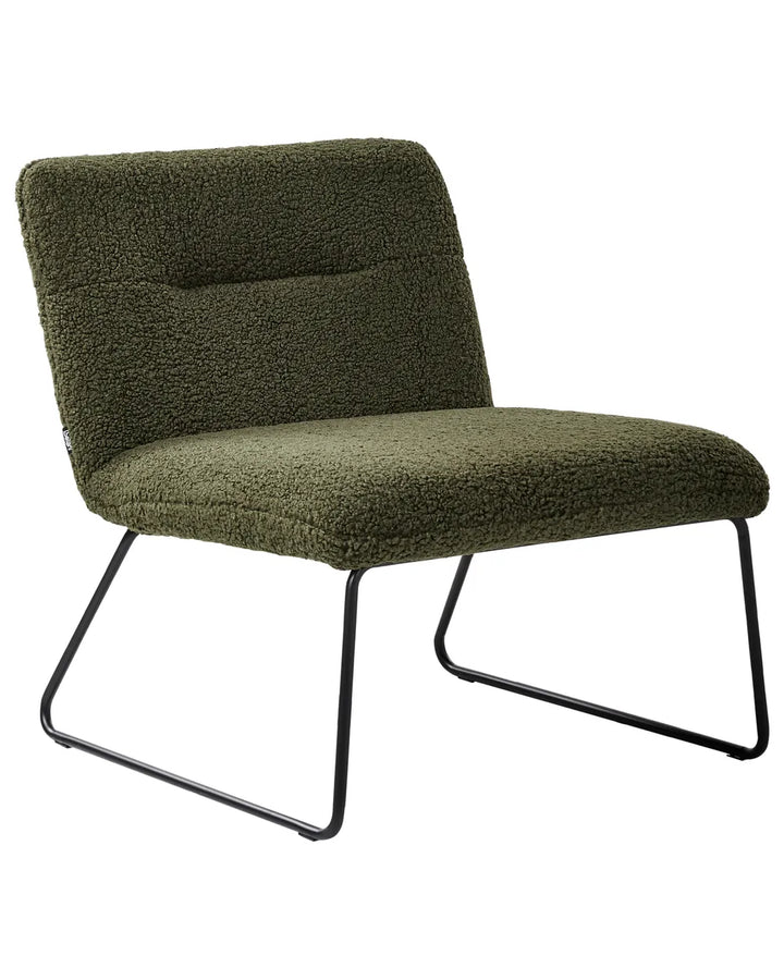 Green upholstered chair with black metal legs on a white background