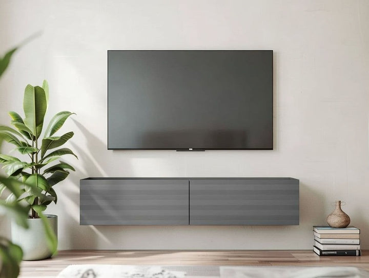 Modern living room with a flat-screen TV mounted on the wall, a gray entertainment console below, and decorative elements.