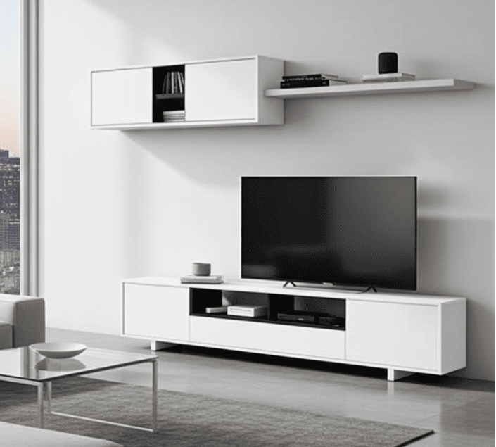 Modern living room with gray sofa, white entertainment console, and cityscape view.