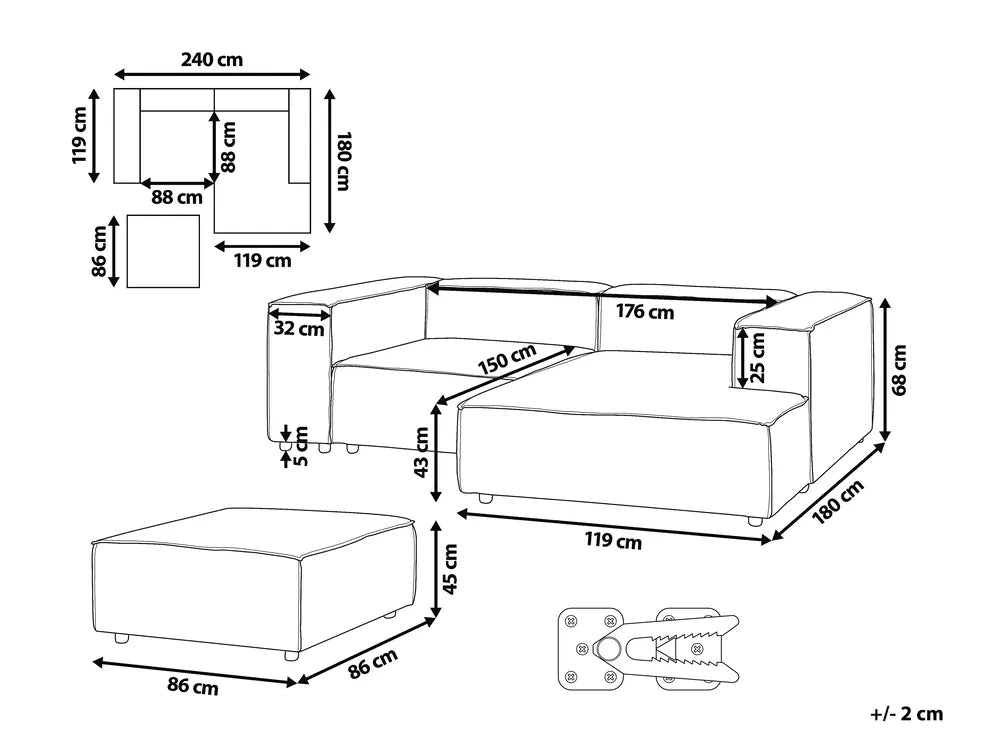 Modular Corner Sofa 3 Seater Fabric Light Grey with Ottoman Left Hand Oakham