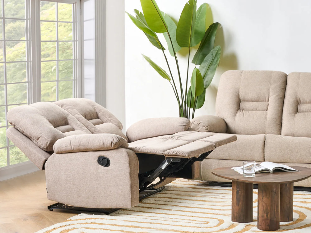 Beige recliner sofa in a living room with a plant and coffee table.