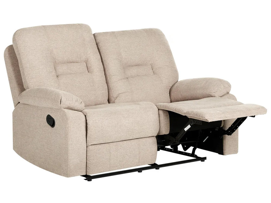 Beige recliner sofa with armrests and a footrest on a white background
