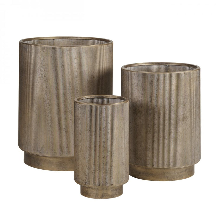 Libra Belvedere aged gold set of 3 corrugated metal floor planters